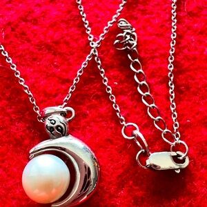 Crescent Moon Sloth Cultured? Pearl 925 Sterling Silver Necklace & Pendant